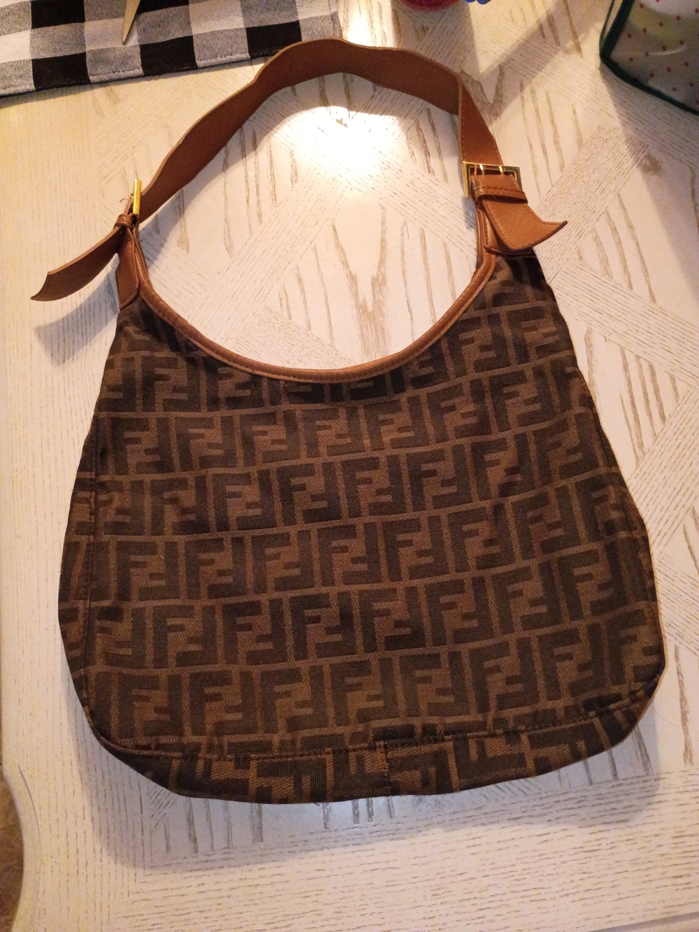 Fendi Brown FF Jacquard Hobo Shoulder Bag with Tan Leather Trim